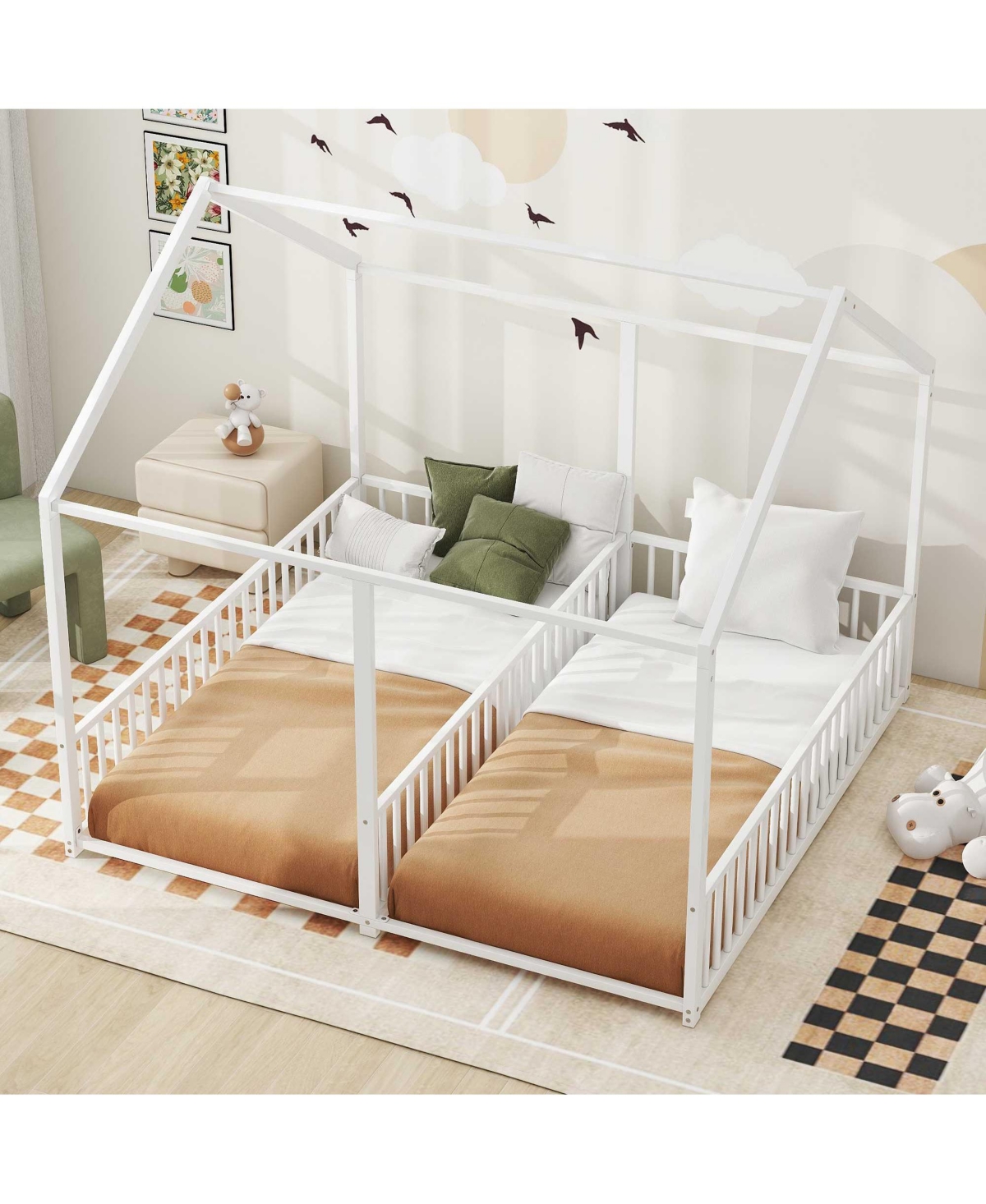 Boyel Living Metal Twin Size House Platform Beds, Two Shared Beds