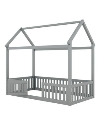 Twin Size Wood House Bed with Fence and Door