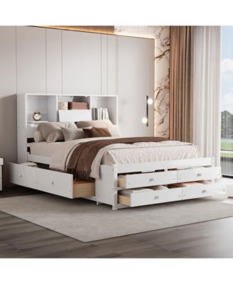 Queen Size Platform Bed with Storage Headboard and 8 Drawers