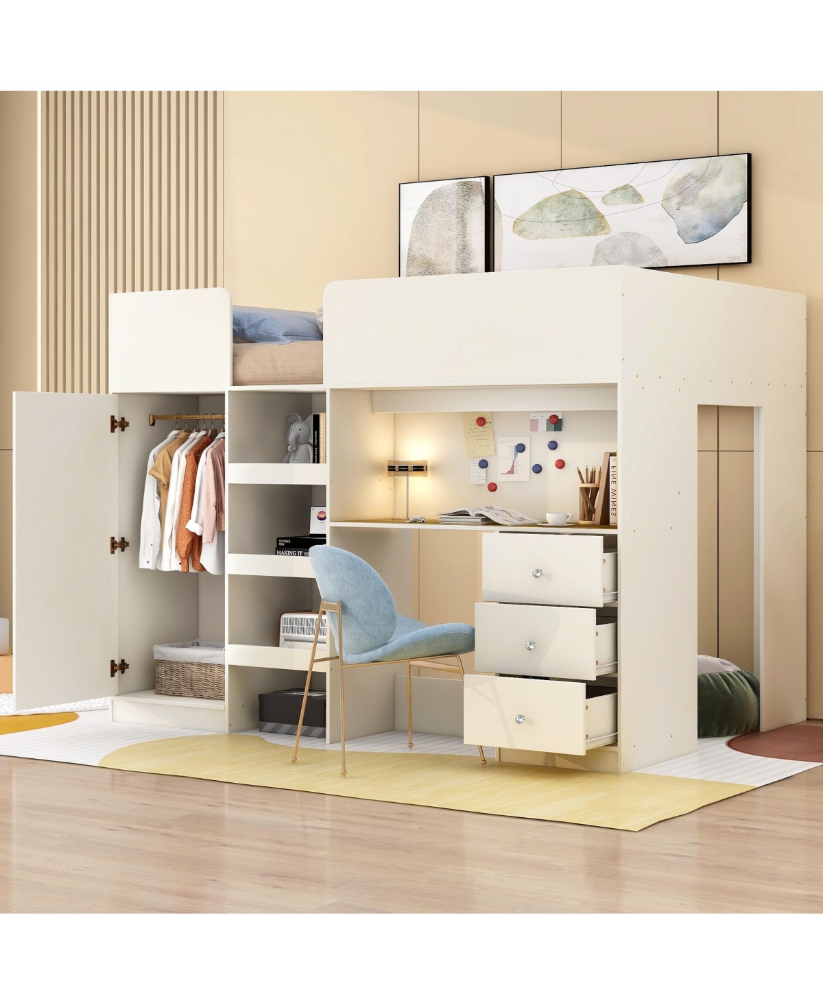 Boyel Living Wood Full Size Loft Bed with Built-in Wardrobe, Desk, Storage Shelves and Drawers