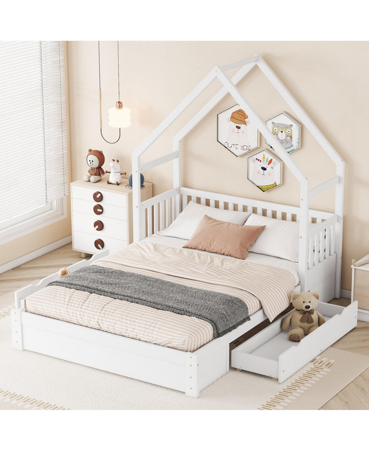 Boyel Living Wood Queen House Platform Bed with Guardrail and 2 Drawers