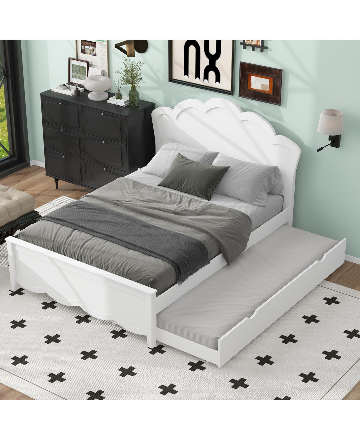 Boyel Living Full Size Wood Platform Bed with Headboard and Twin Size Trundle