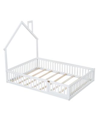 Wood Full Size House Platform Bed with Guardrail
