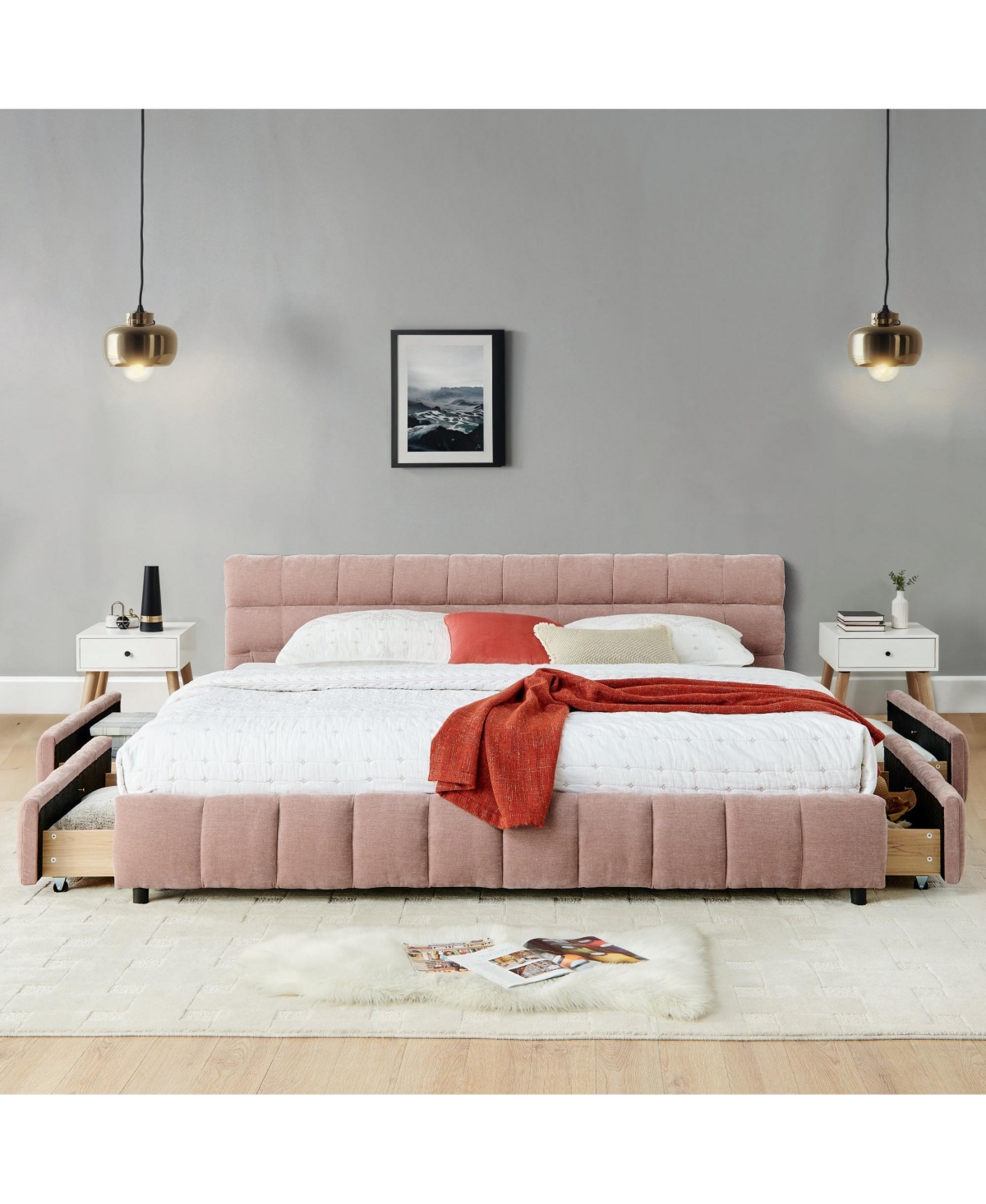 California King Upholstered Platform Bed with Chenille Fabric, Soft Headboard and Storage Drawer