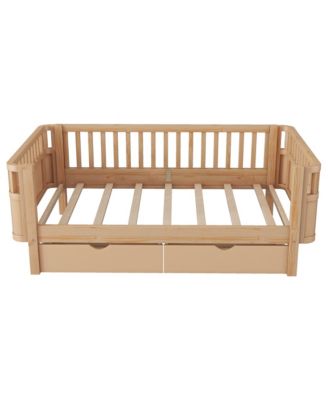 Twin Size Wood Platform Bed for Kids, Low Profile Twin Bed with 2 Wheeled Drawers & Rails