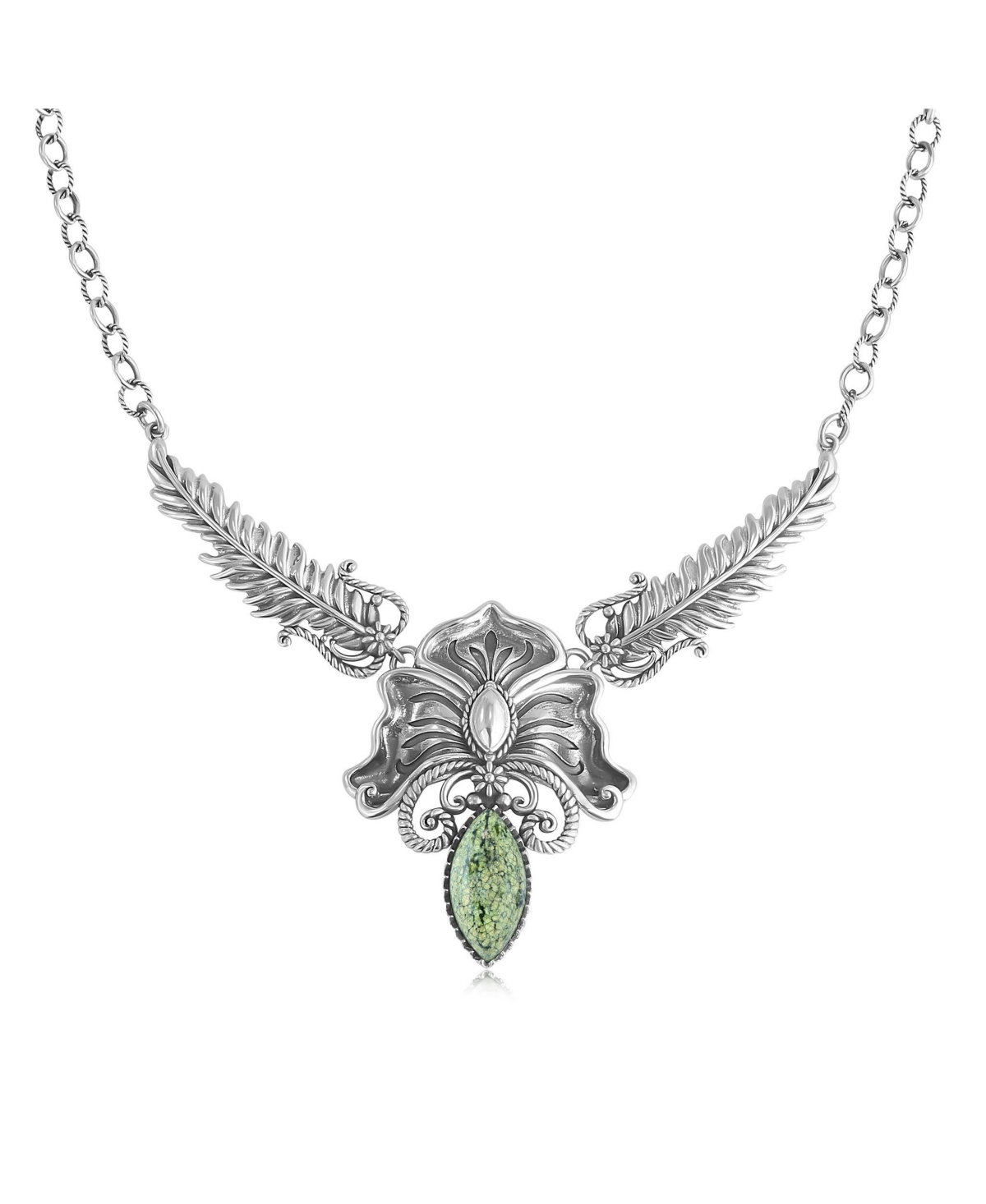 American West Jewelry Sterling Silver Serpentine Cactus Flower Marquise Feather Necklace, 20 Inches