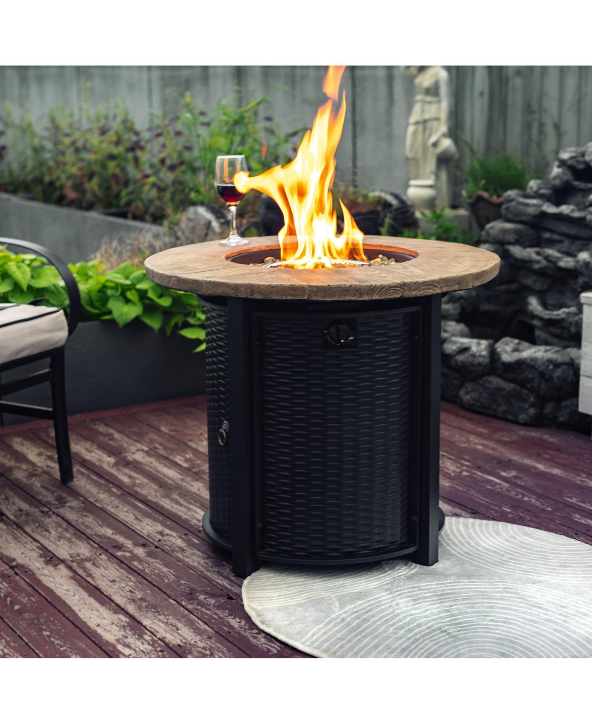 Boyel Living 30" Propane Gas Fire Pit Table, 50000 Btu Round Steel Fire Pit with Imitation Wood Grain Finish for Outside Patio Deck Garden