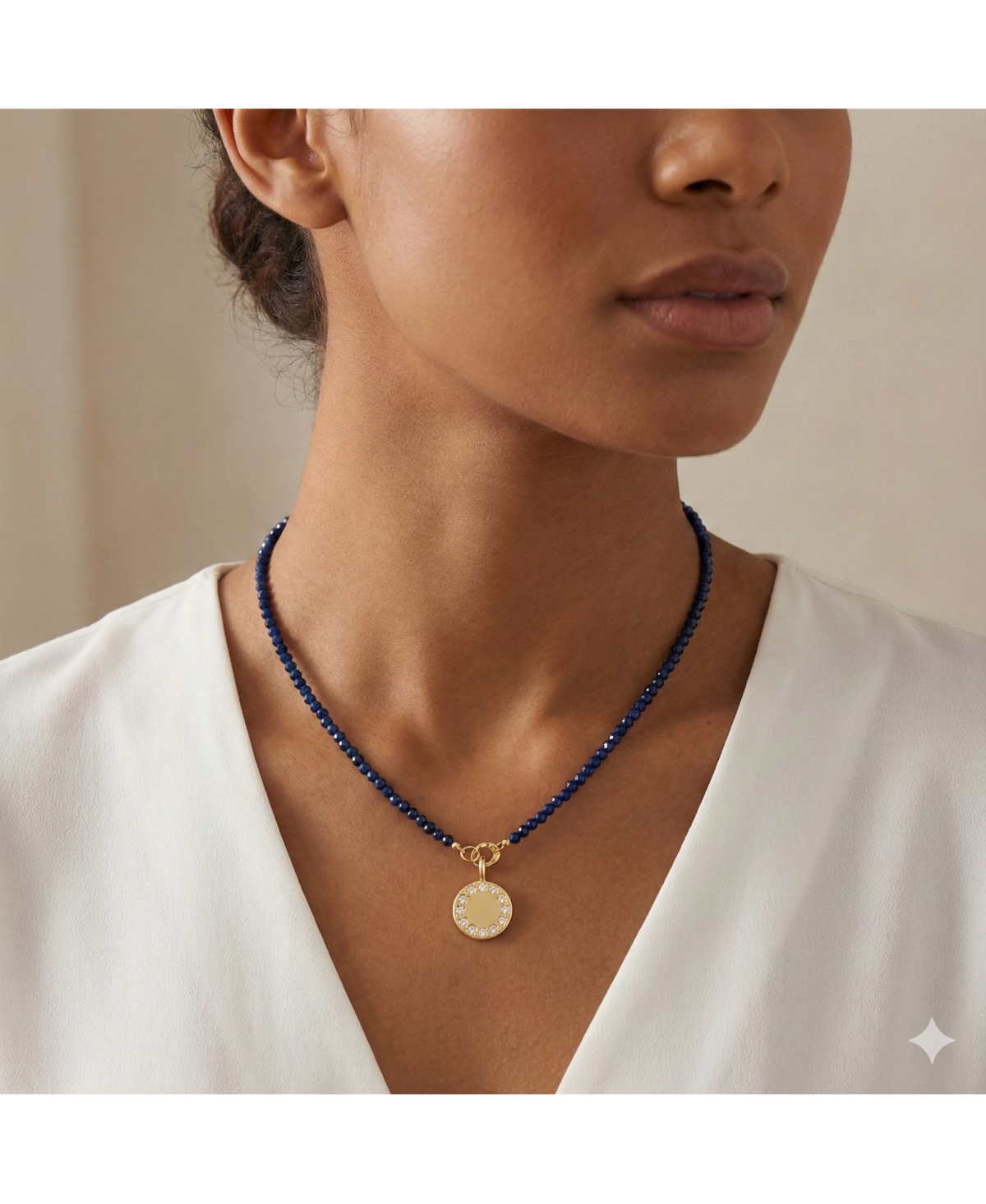 etoielle Created Blue Sapphire Bead Necklace with Disc Charm and Cz Accents Adjustable