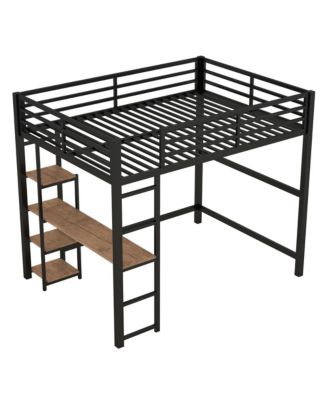 Full Size Metal Loft Bed With Built-In Desk And Storage Shelves