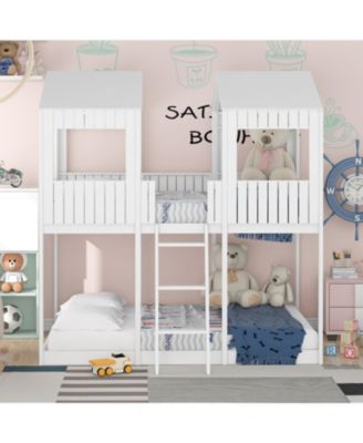 Full Over Full Woodbunk Bed With Roof, Window, Guardrail, Ladder