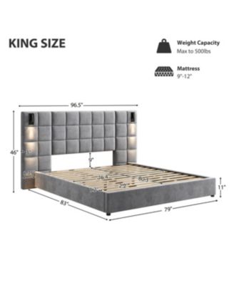 Streamdale King Size Velvet Upholstered Bed Frame with Wall Sconce & USB, Gray