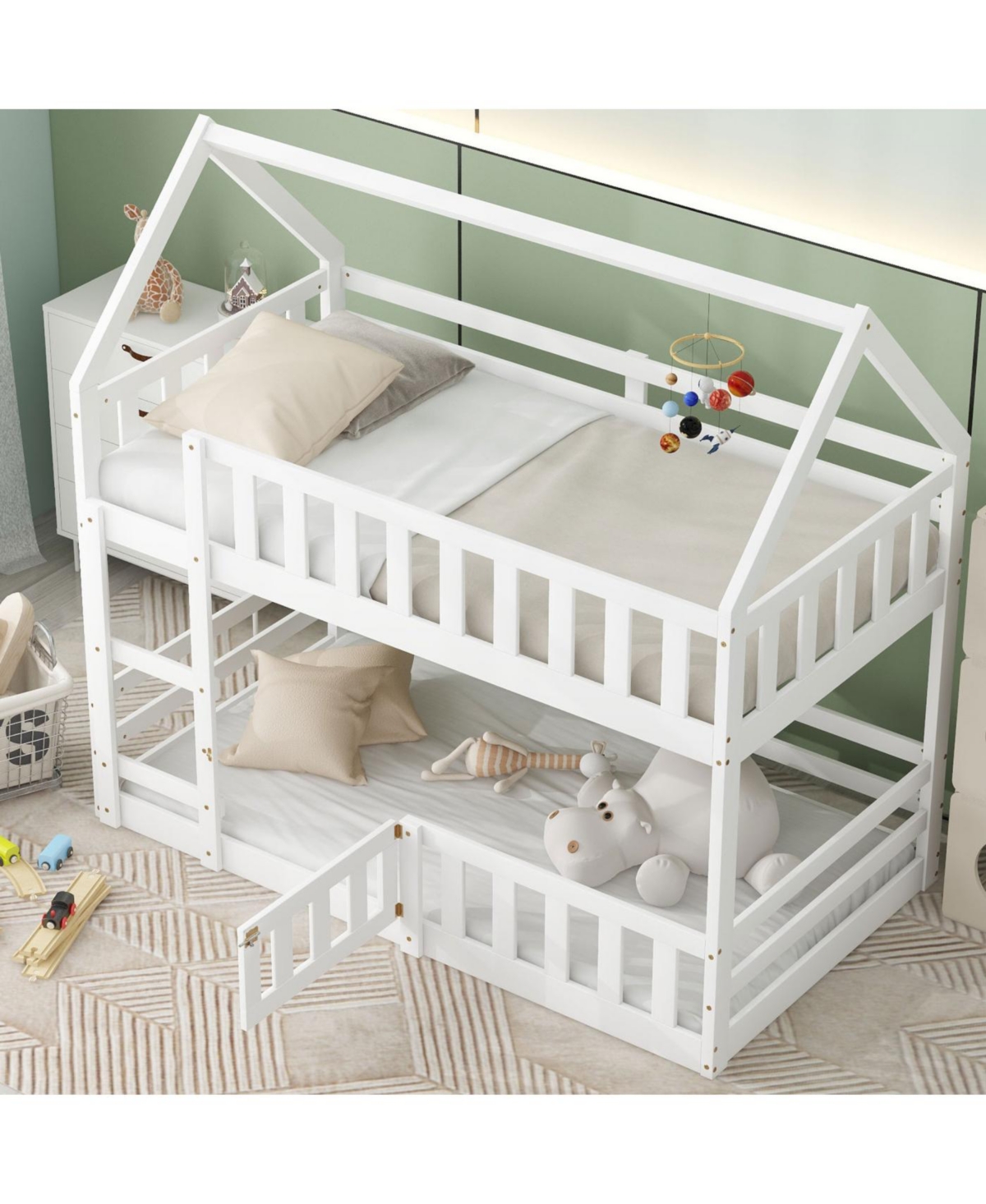 Streamdale Twin over Twin House Bunk Bed with Fence and Door, White