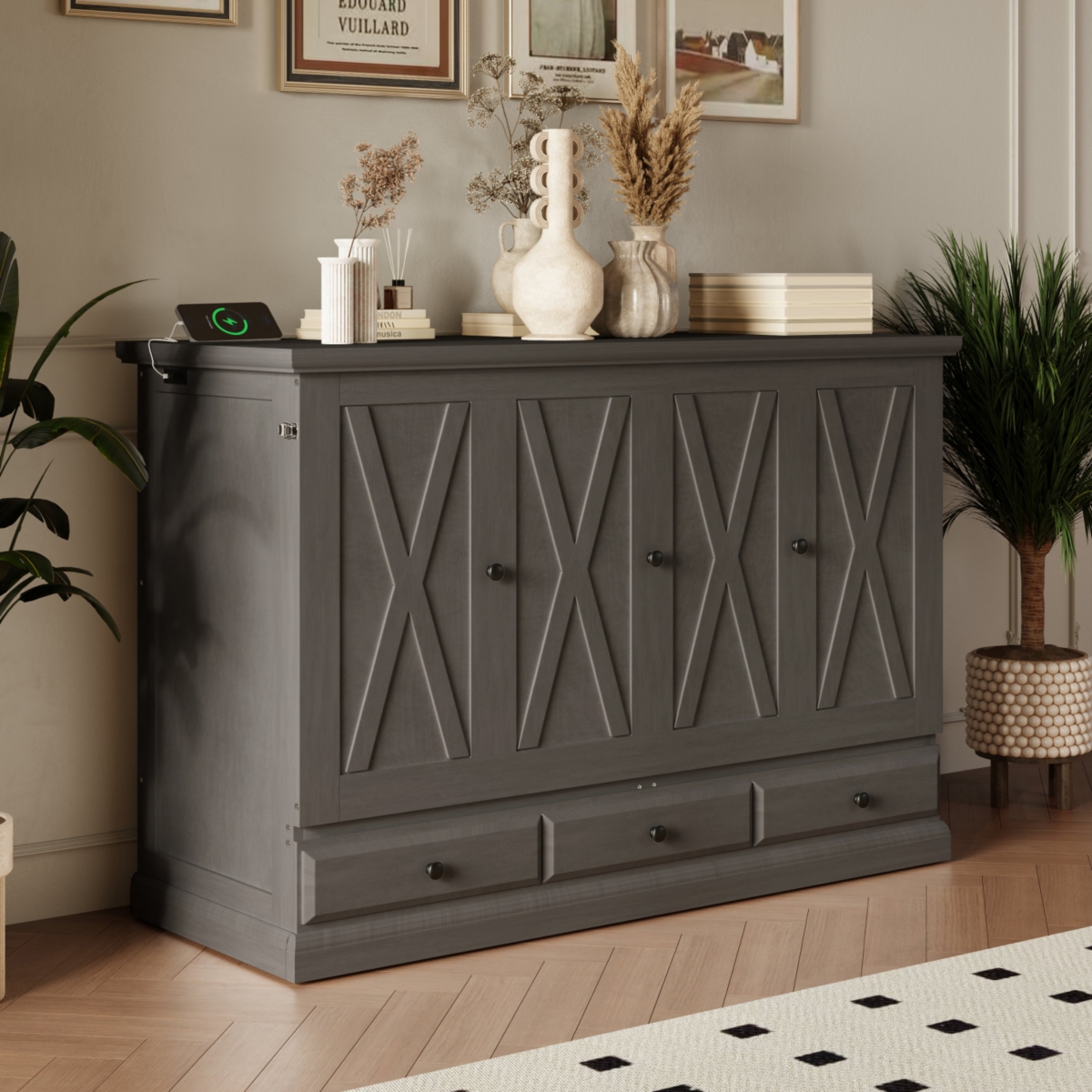 Streamdale Furniture Solid Pine Murphy Bed Chest: Charging Station, Storage, Gray