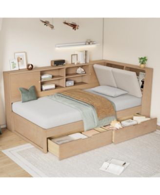 Wooden L-Shaped Daybed with Storage, Bookcase & USB