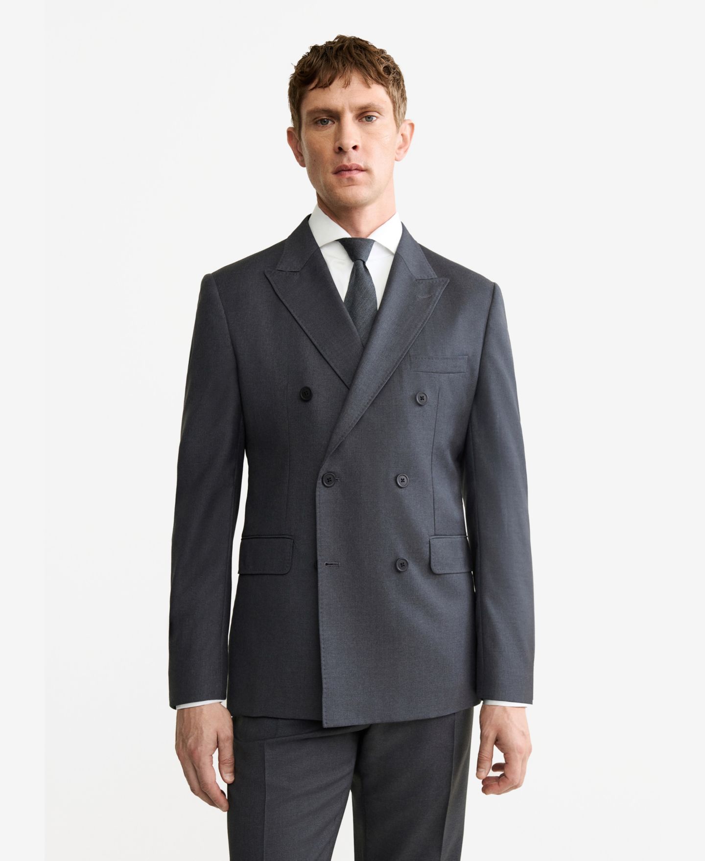 Мужская куртка MANGO Wool Flannel Double-Breasted, цвет: Тёмный меланжевый серый — фото 1