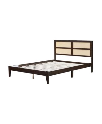 Queen Espresso Wood Bed Rattan Headboard