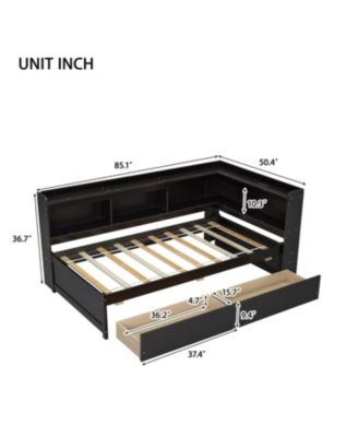 Twin L-Shaped Bookcase Bed w/ Outlets & Drawers - Espresso