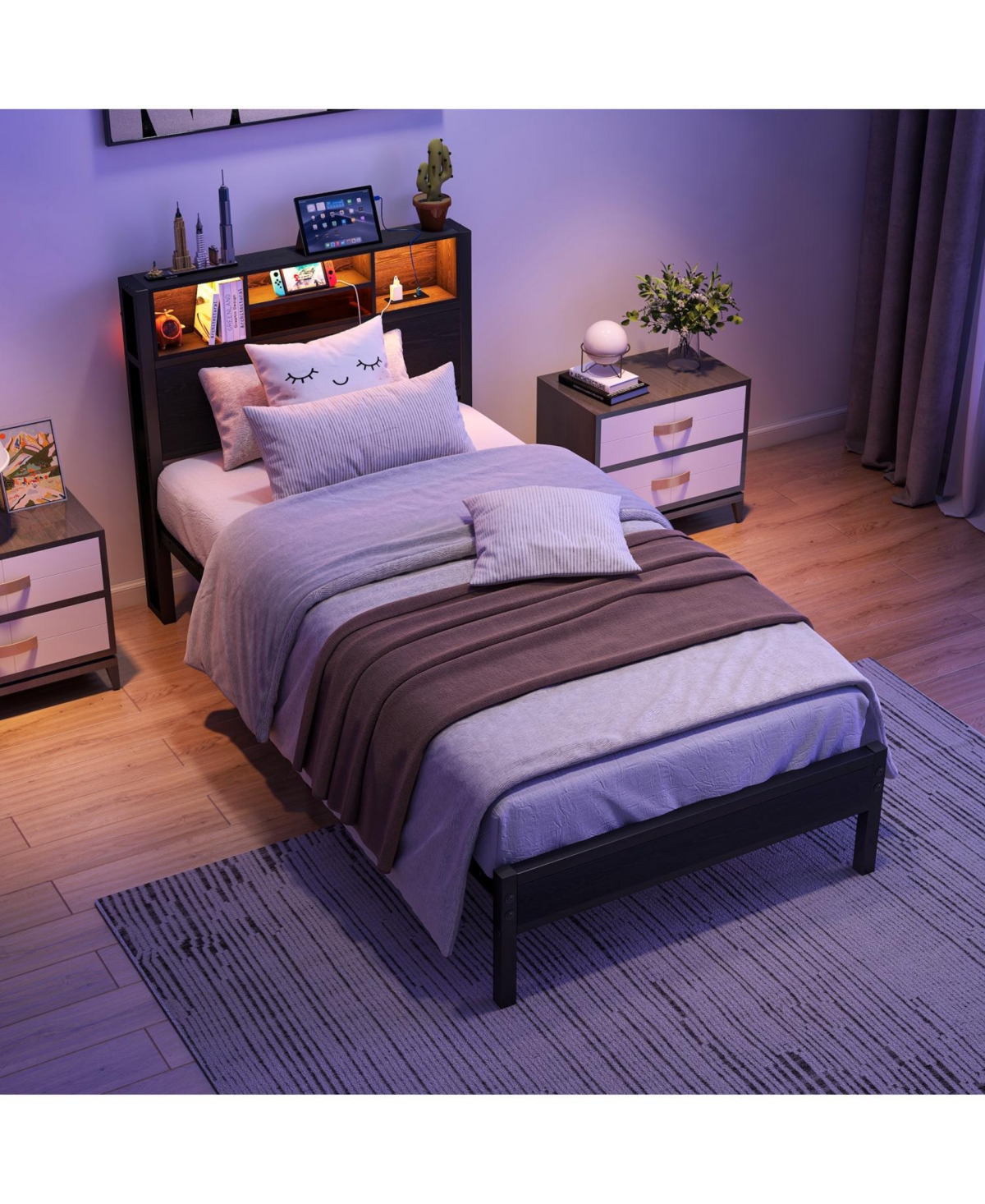 Streamdale Furniture Twin Storage Bed Frame with Headboard, Charging, and Bookcase