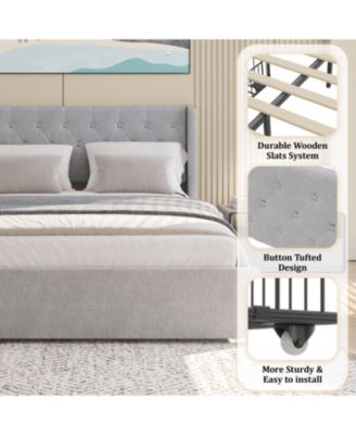  Queen Size Bed Frame with 4 Storage Drawers and Wingback Headboard, Button Tufted Design, Light Grey