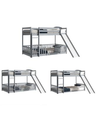 Twin Over Twin Floor Bunk Bed with Slide, Ladder, Door, Safety Guardrails, Solid Pine Wood Bunk Bed