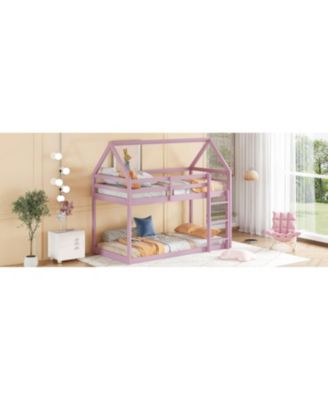 Twin over Twin Rubber Wood Floor Bunk Bed, with ladder,Guardrails,House-Shaped-Bunk Bed