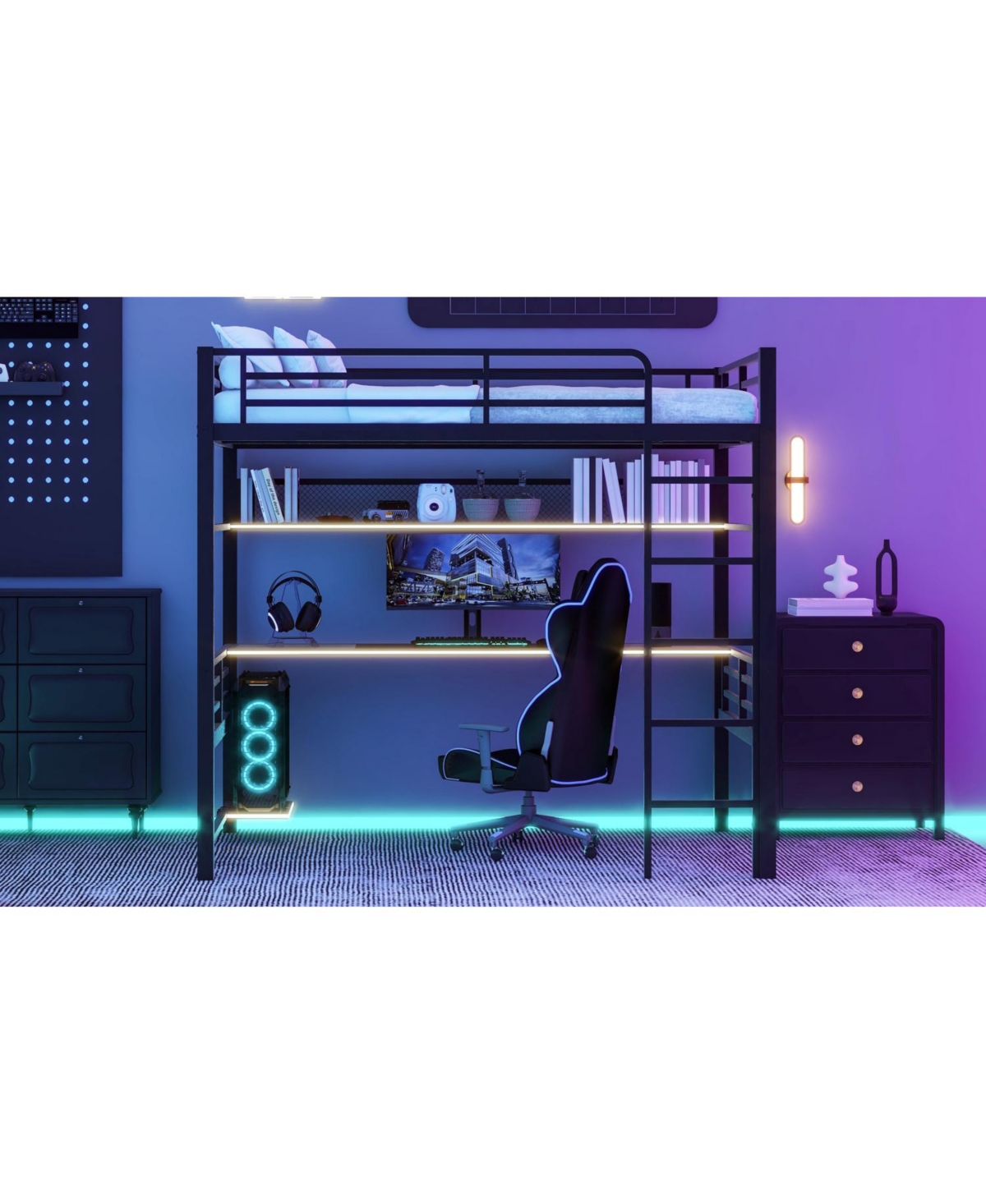 Streamdale Furniture Full Size Metal Loft Bed Frame with Storage Shelf and Led Light,Iron mesh