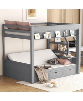 Wood Full Size Convertible Bunk Bed with Storage Staircase, Bedside Table, and 3 Drawers, White