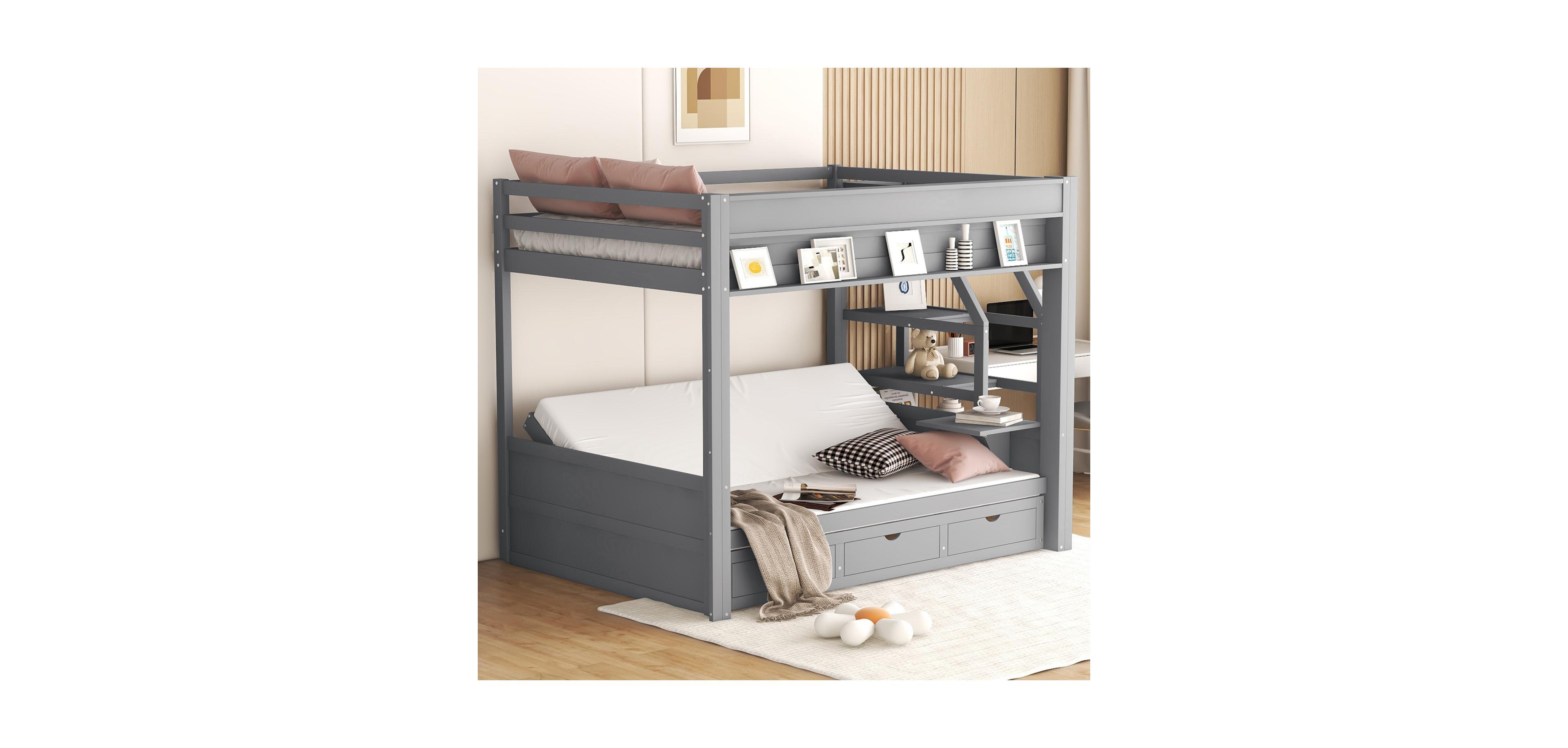 Streamdale Furniture Wood Full Size Convertible Bunk Bed with Storage Staircase, Bedside Table, and 3 Drawers, White
