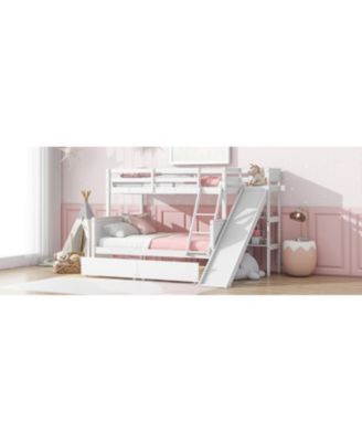 Twin over Full Bunk Bed with 2 Drawers, Slide, Shelves, Ladder, Rubber Wood Bunk Bed with Slide, Drawers
