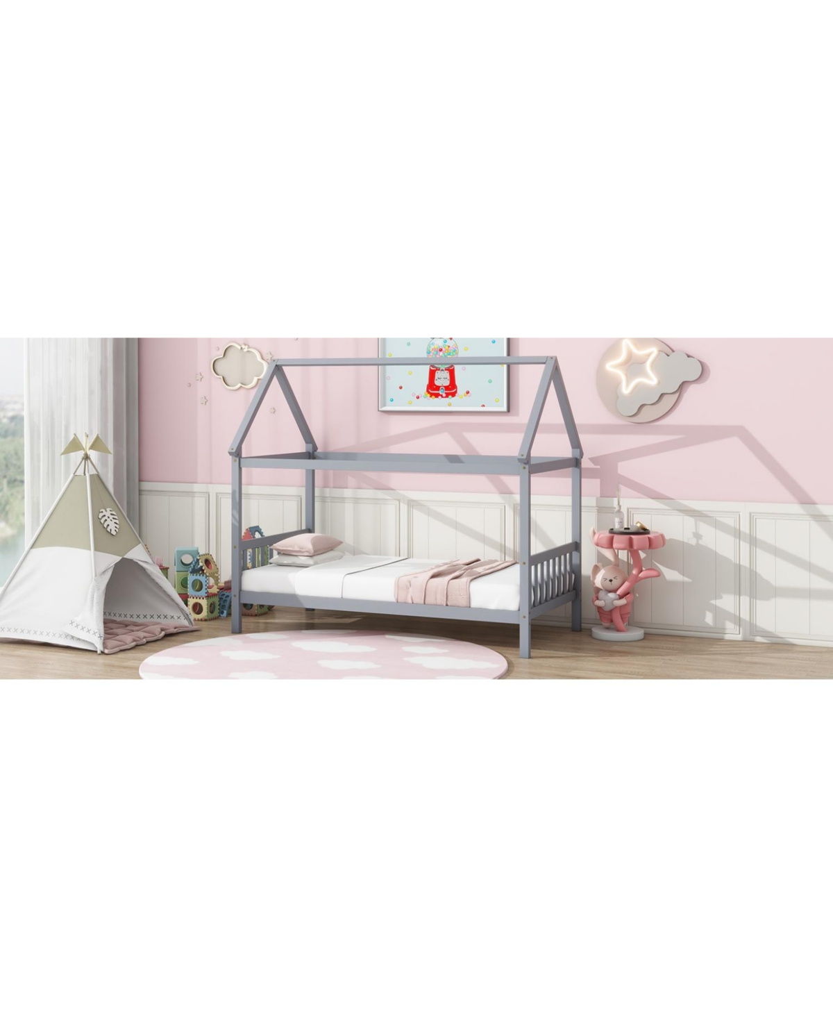 Streamdale Furniture Twin House Bed with Headboard and Footboard, Twin Rubber Wood Bed with House Frame
