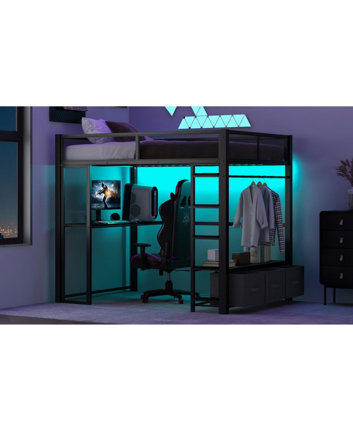 Streamdale Furniture Full Metal Gaming Loft Bed with Led, Desk, Open Wardrobe and 3 Linen Storage Drawers, White