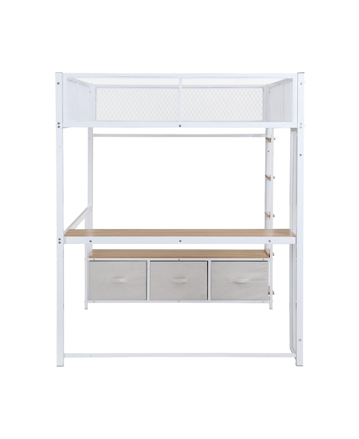 Streamdale Furniture Full Size Metal Gaming Loft Bed with Led, Desk, Open Wardrobe and 3 Linen Storage Drawers, White