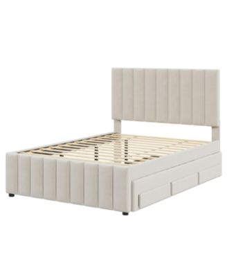  Full Size Upholstered Platform Bed with Twin Size Trundle and 3 Drawers, Linen Fabric, Beige