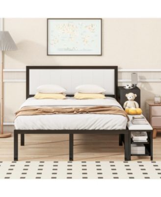 Metal Platform Bed with Two-Tier Storage Shelves, Wooden Storage Cabinet
