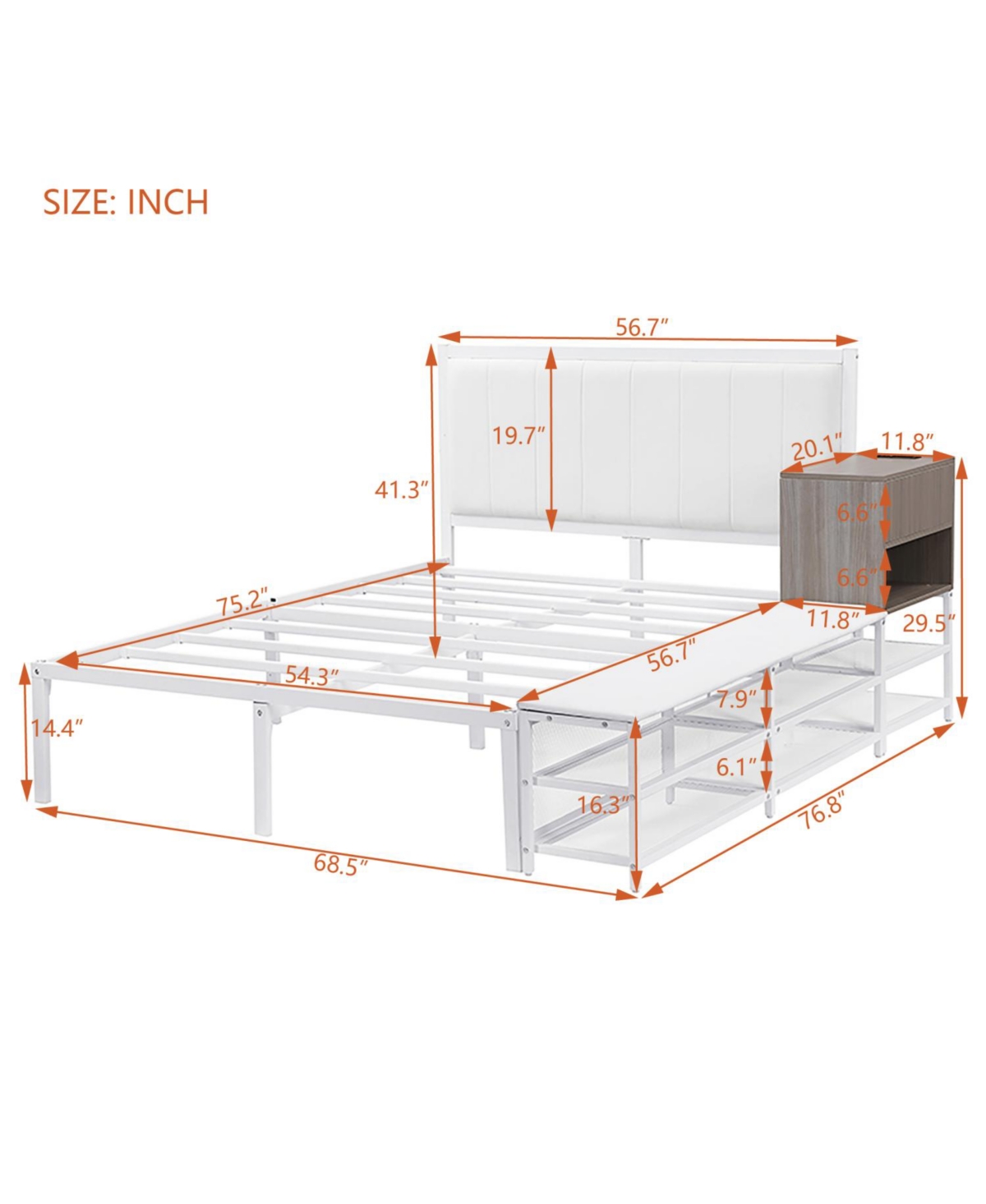 Streamdale Furniture Metal Platform Bed with Two-Tier Storage Shelves, Wooden Cabinet