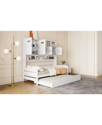 Twin Size Wooden Daybed with Trundle and Storage Cabinet & Shelf