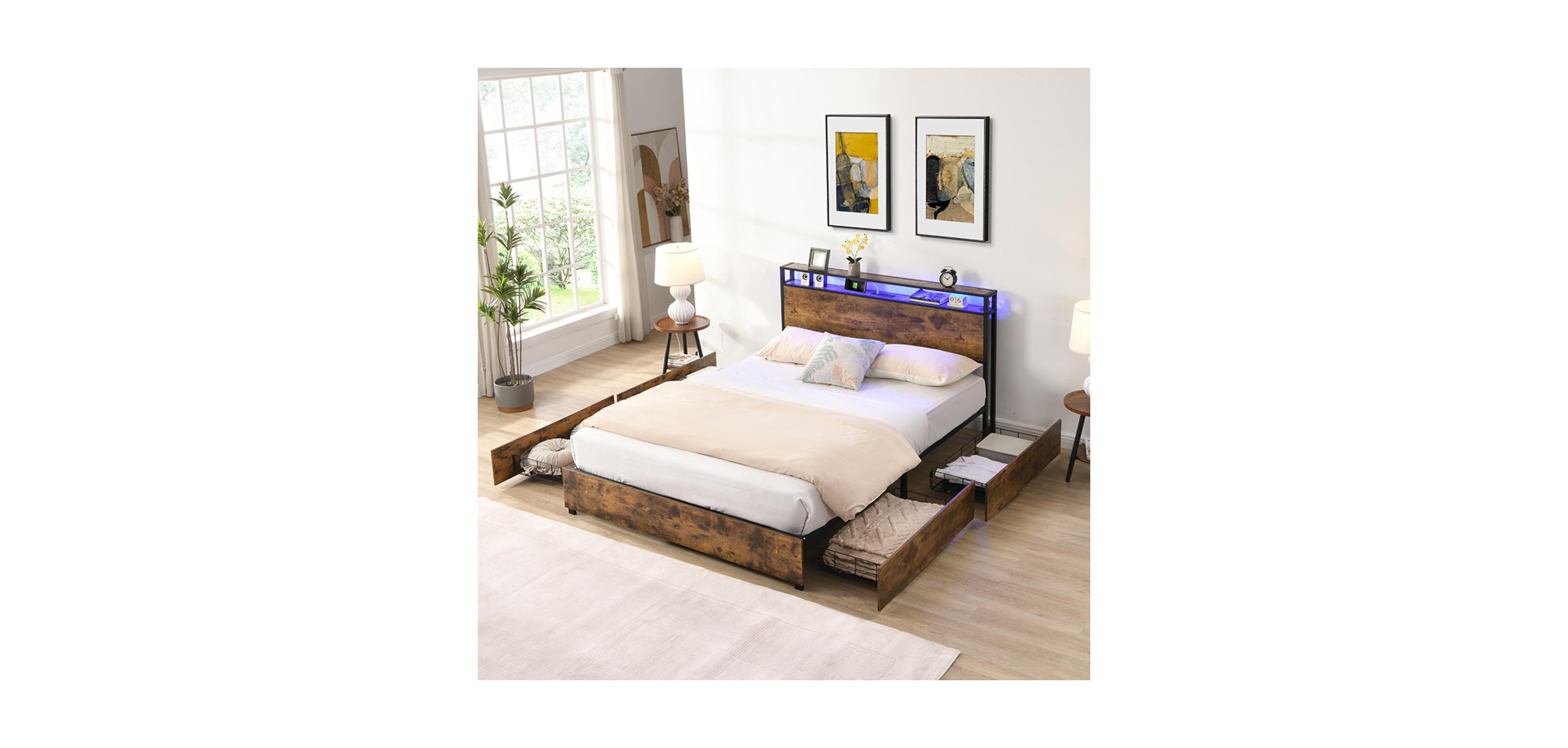 Streamdale Furniture Full Bed Frame with Storage and Charging Station, Easy Assembly