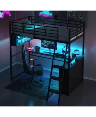 Metal Loft Bed with LED, Desk and 4 Storage Shelves,