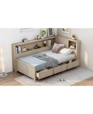 Twin Size Wood Daybed with Storage Shelves and 3 Drawers, Antique