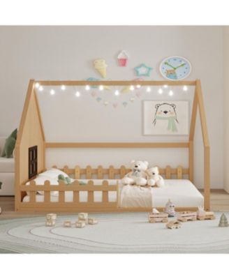 Full Size Wood House Bed with Window and Fence.