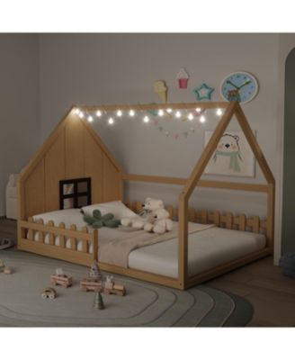 Full Size Wood House Bed with Window and Fence.