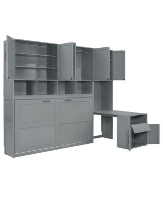  Twin Size Murphy Bed Wall Bed with Closet, Drawers & Desk-Gray