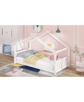 Twin Size House Bed Wood Bed, White