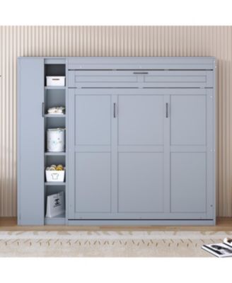 Queen Size Murphy Bed Wall Bed with Shelves, Wardrobe and LED Lights