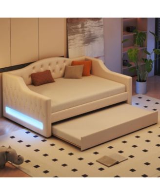 Upholstered Full XL Size Daybed with LED Belt and Trundle