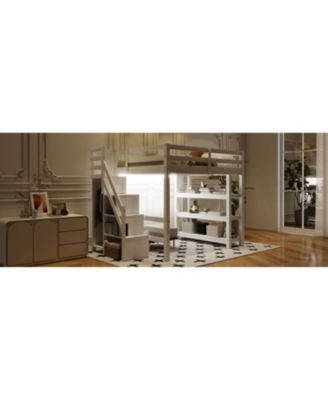 Loft Bed with Shelves Storage Stairs Wardrobe & LED
