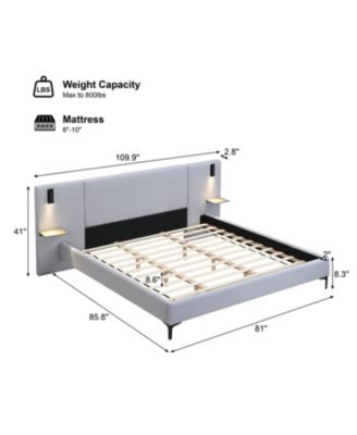 Chic Linen Upholstered Bed with Integrated Lights and Shelves King