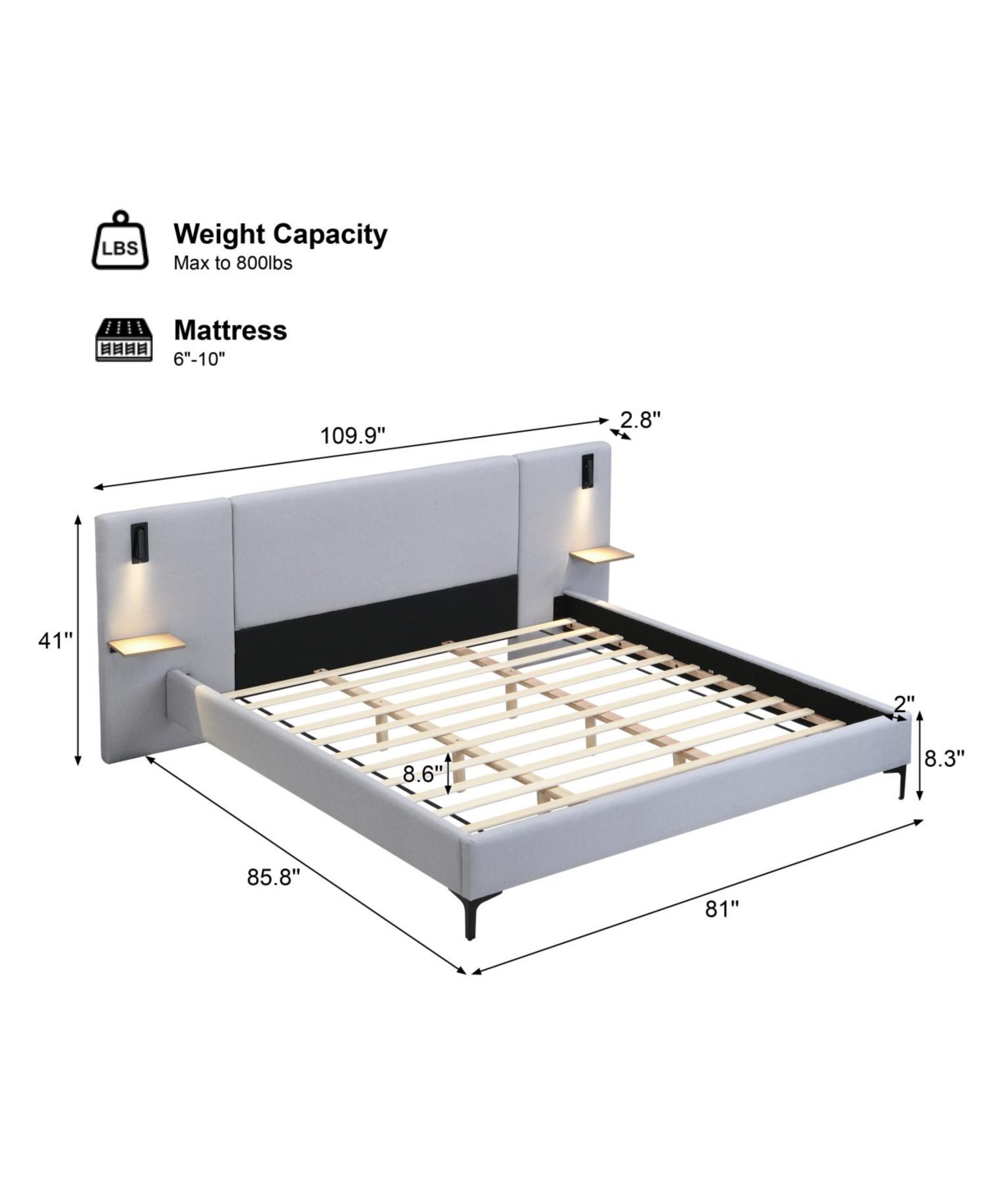 Streamdale Furniture Chic Linen Upholstered Bed with Integrated Lights and Shelves King