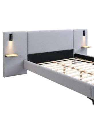 Chic Linen Upholstered Bed with Integrated Lights and Shelves Queen