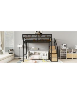 Queen Loft Bed with Stairs & Storage - Black